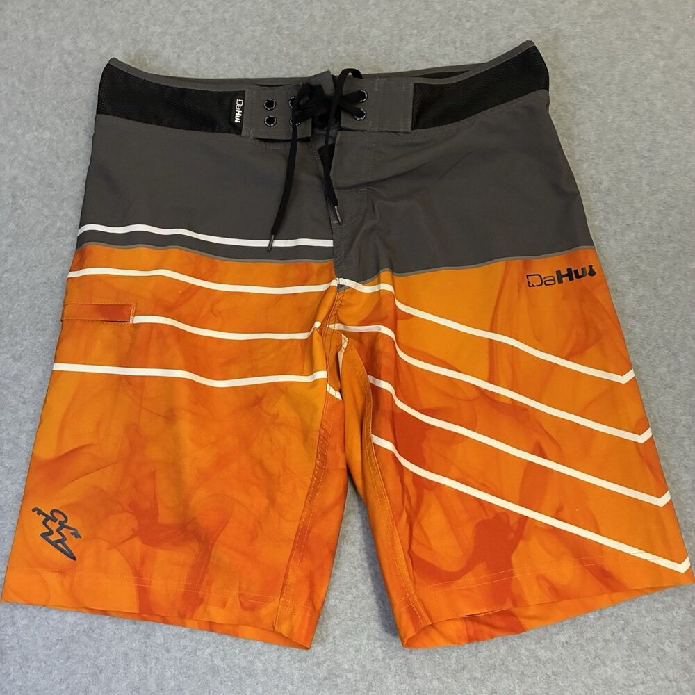 DaHui Board Shorts Mens Size 30 Orange Gray Surf Swim Trunks Beach Hawaiian